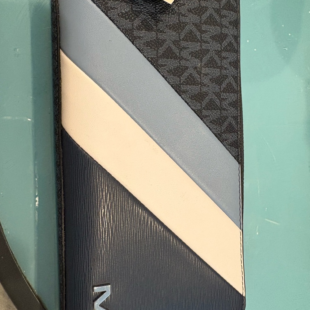 Blue and Cream Geometric Wallet with Textured Stripes